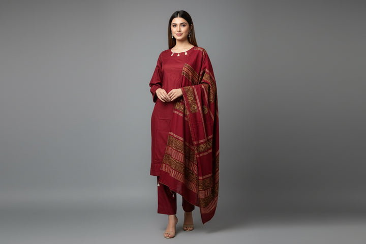 Three piece plain dhanak suit with shawl
