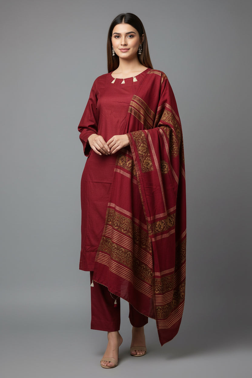 Three piece plain dhanak suit with shawl