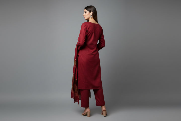 Three piece plain dhanak suit with shawl