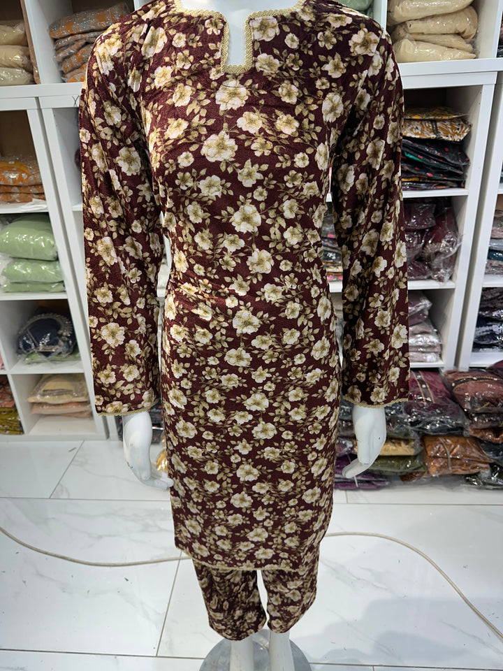 Two piece velvet suits in digital print perfect for winters and for everyday wear