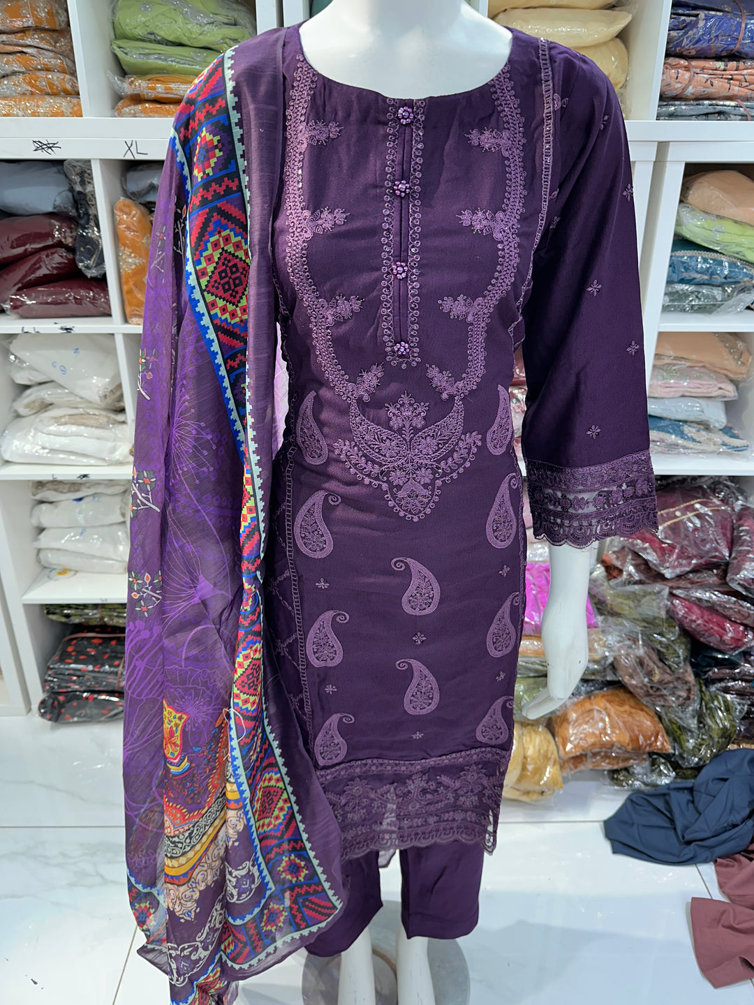 Three piece dhanak material suits on offer perfect for home wear and occasional wear