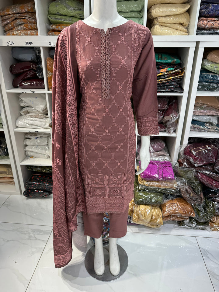 Three piece dhanak material suits on offer perfect for home wear and occasional wear