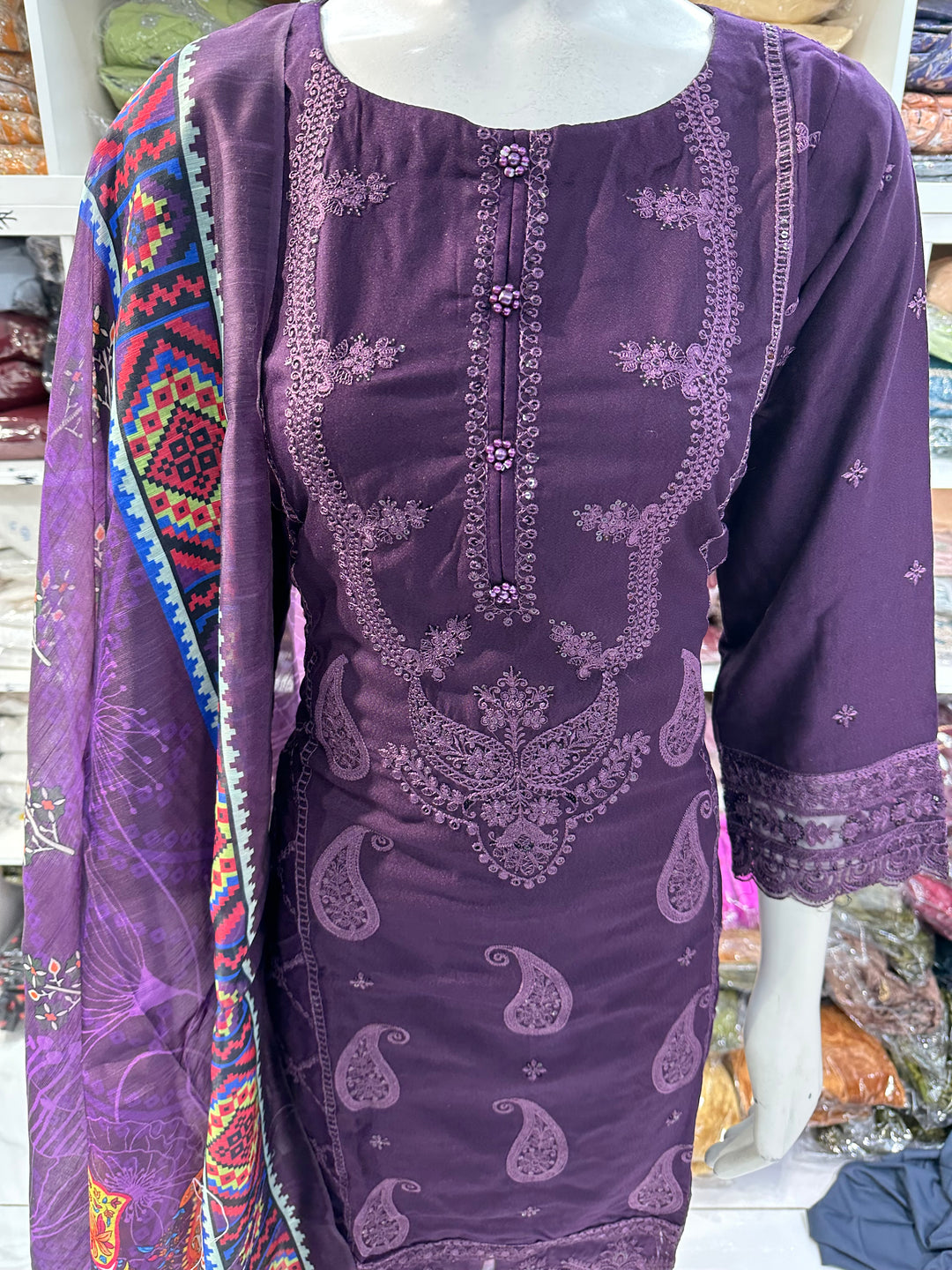 Three piece dhanak material suits on offer perfect for home wear and occasional wear
