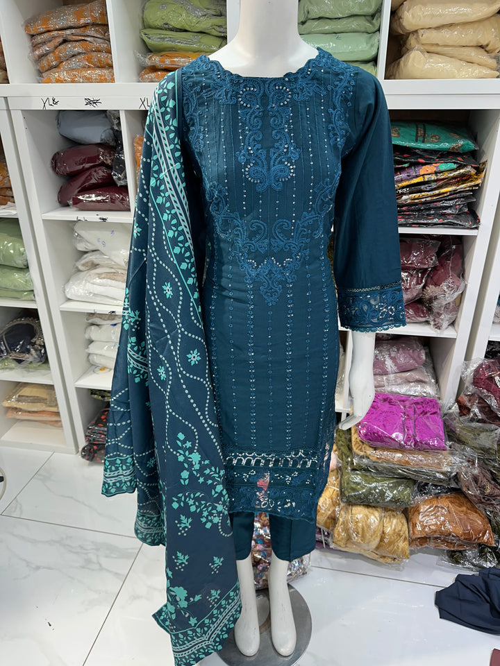 Three piece dhanak material suits on offer perfect for home wear and occasional wear