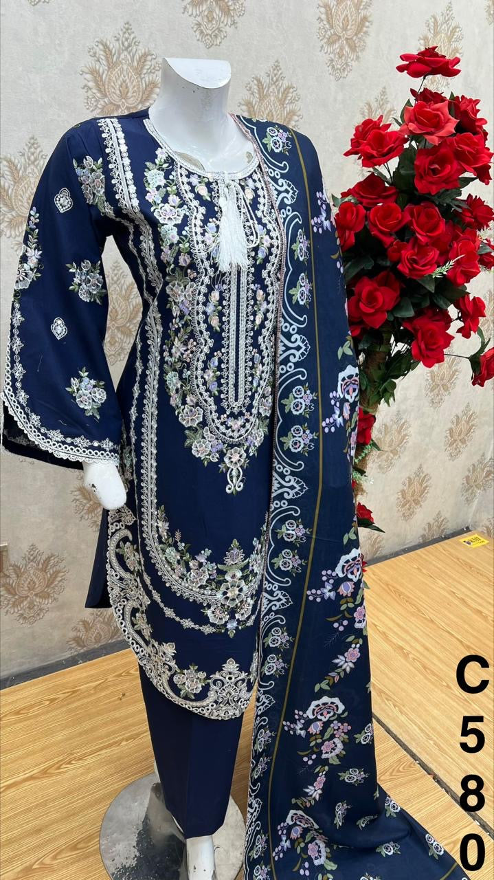 Three piece cotton material suit in round kameez