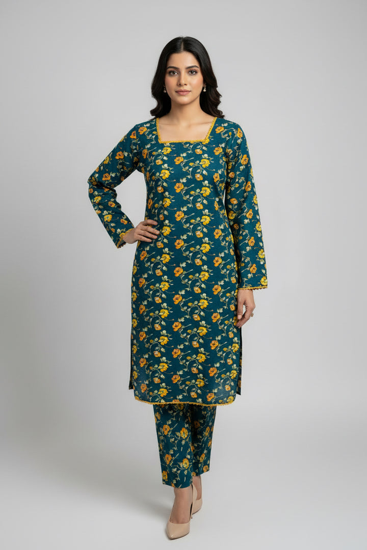 Two piece khadar material suit in teal colour