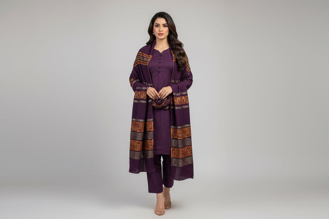 Three piece plain dhanak suit with shawl