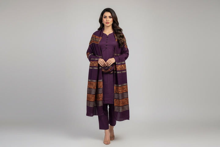 Three piece plain dhanak suit with shawl