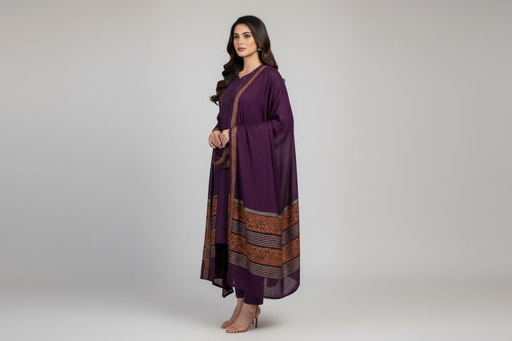 Three piece plain dhanak suit with shawl