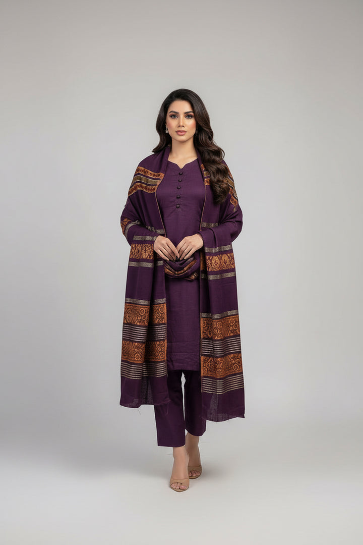 Three piece plain dhanak suit with shawl