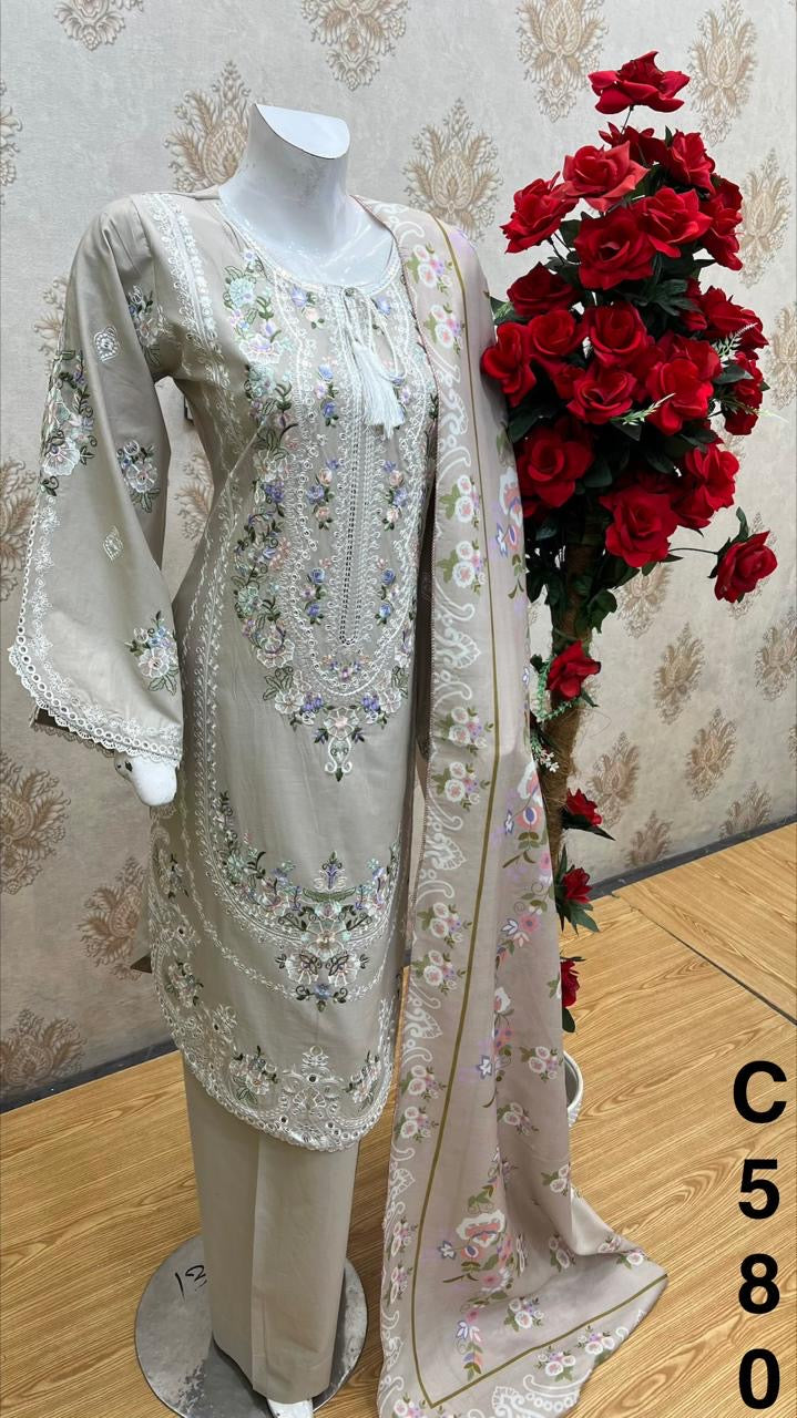 Three piece cotton material suit in round kameez