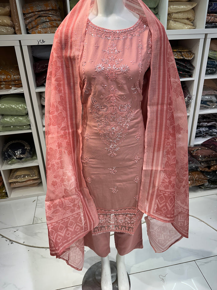 Three piece dhanak material suits on offer perfect for home wear and occasional wear