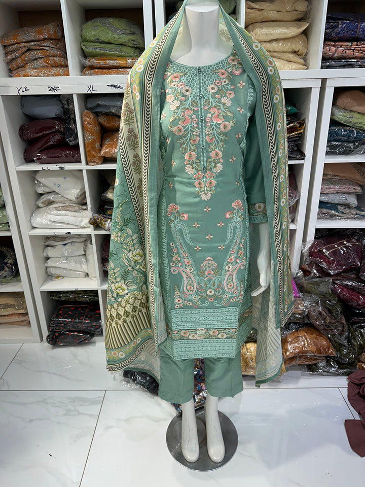 Three piece dhanak material suits on offer perfect for home wear and occasional wear
