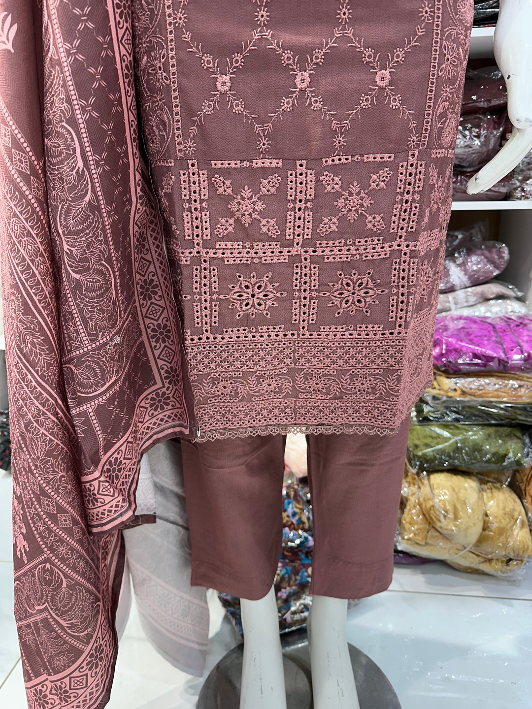 Three piece dhanak material suits on offer perfect for home wear and occasional wear