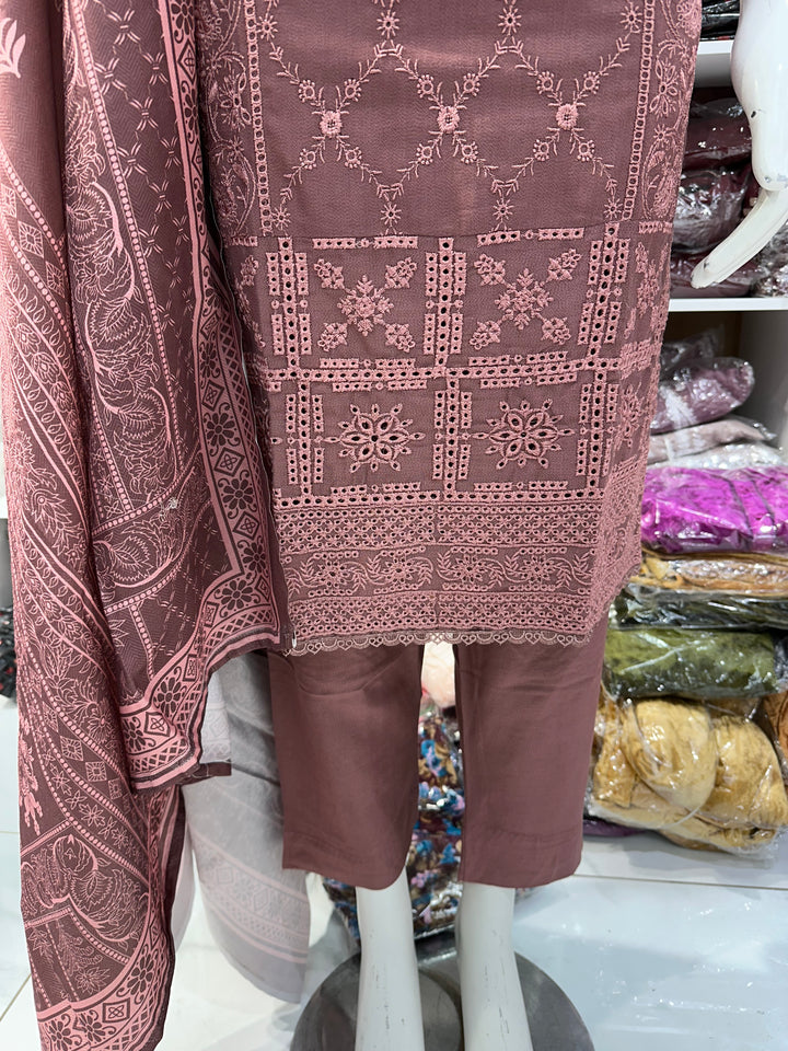 Three piece dhanak material suits on offer perfect for home wear and occasional wear