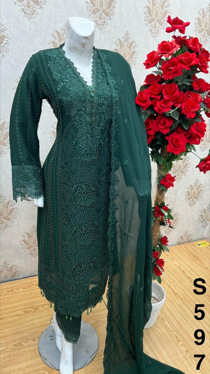 Three piece chiffon material suit with full on boring work only pre orders