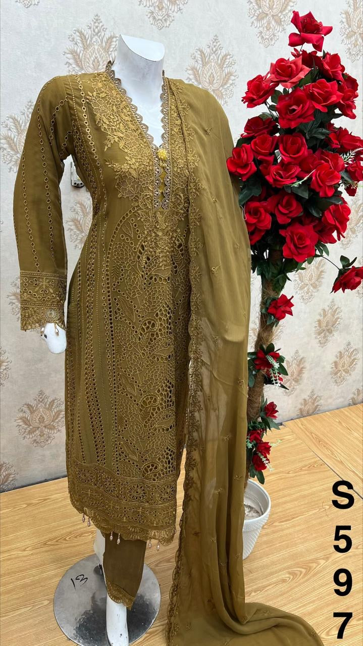 Three piece chiffon material suit with full on boring work only pre orders