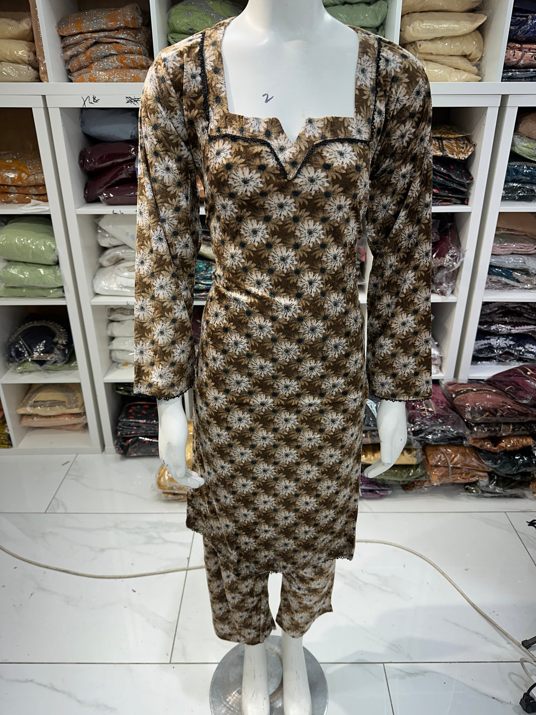 Two piece velvet suits in digital print perfect for winters and for everyday wear