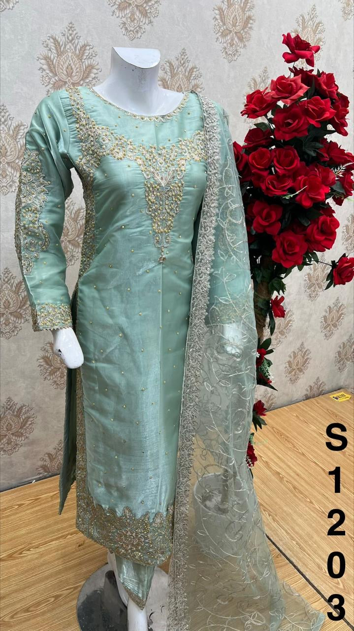 Three piece shisha silk material suit on offer