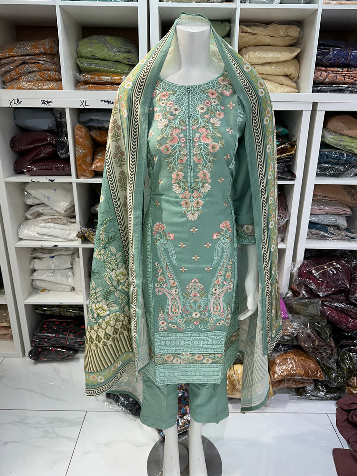 Three piece dhanak material suits on offer perfect for home wear and occasional wear