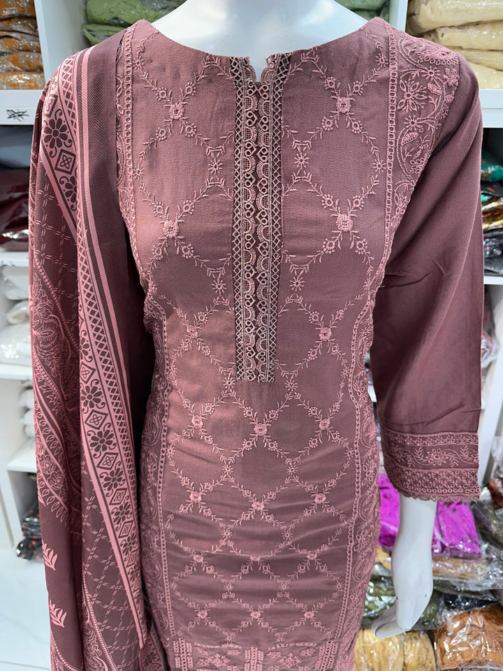 Three piece dhanak material suits on offer perfect for home wear and occasional wear