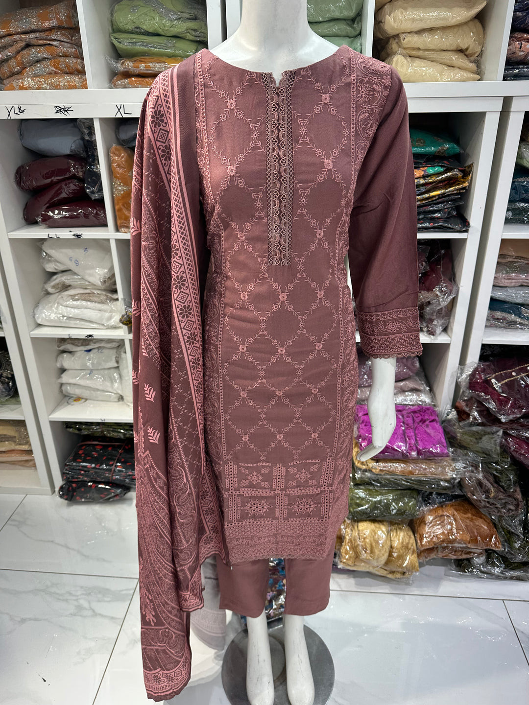 Three piece dhanak material suits on offer perfect for home wear and occasional wear