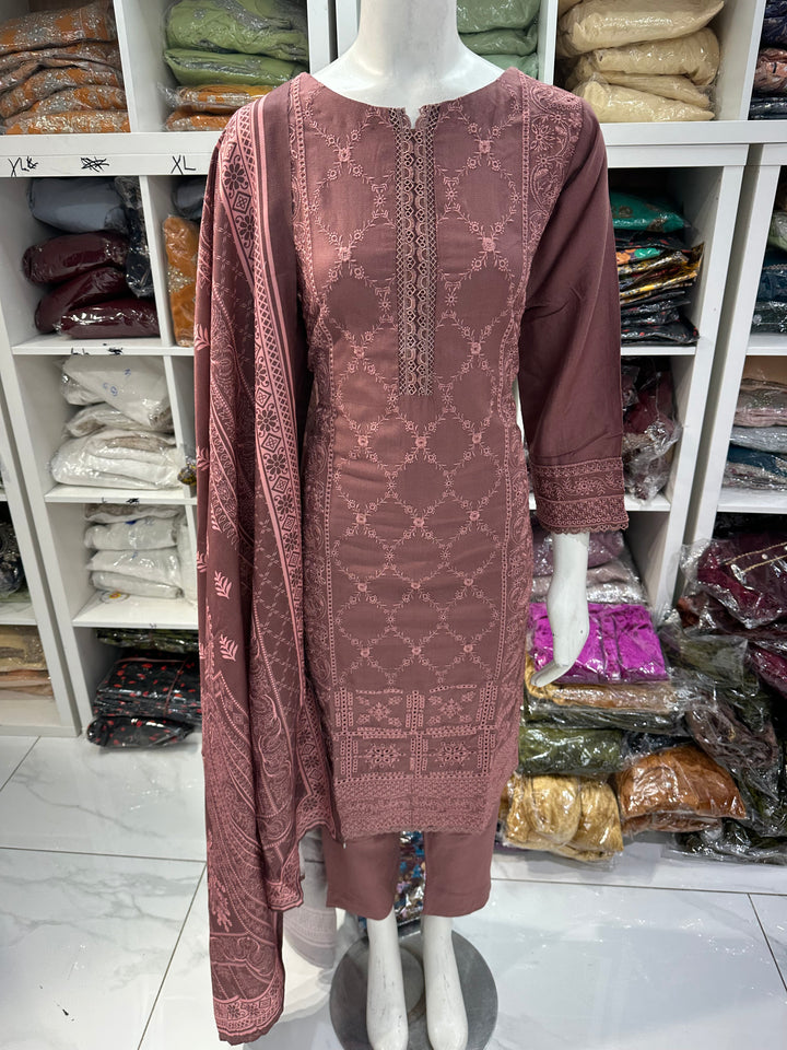 Three piece dhanak material suits on offer perfect for home wear and occasional wear