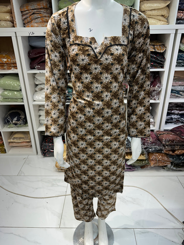 Two piece velvet suits in digital print perfect for winters and for everyday wear