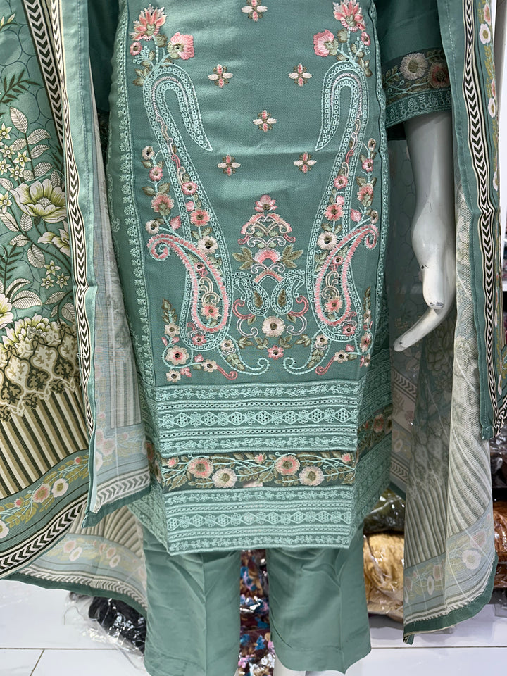 Three piece dhanak material suits on offer perfect for home wear and occasional wear