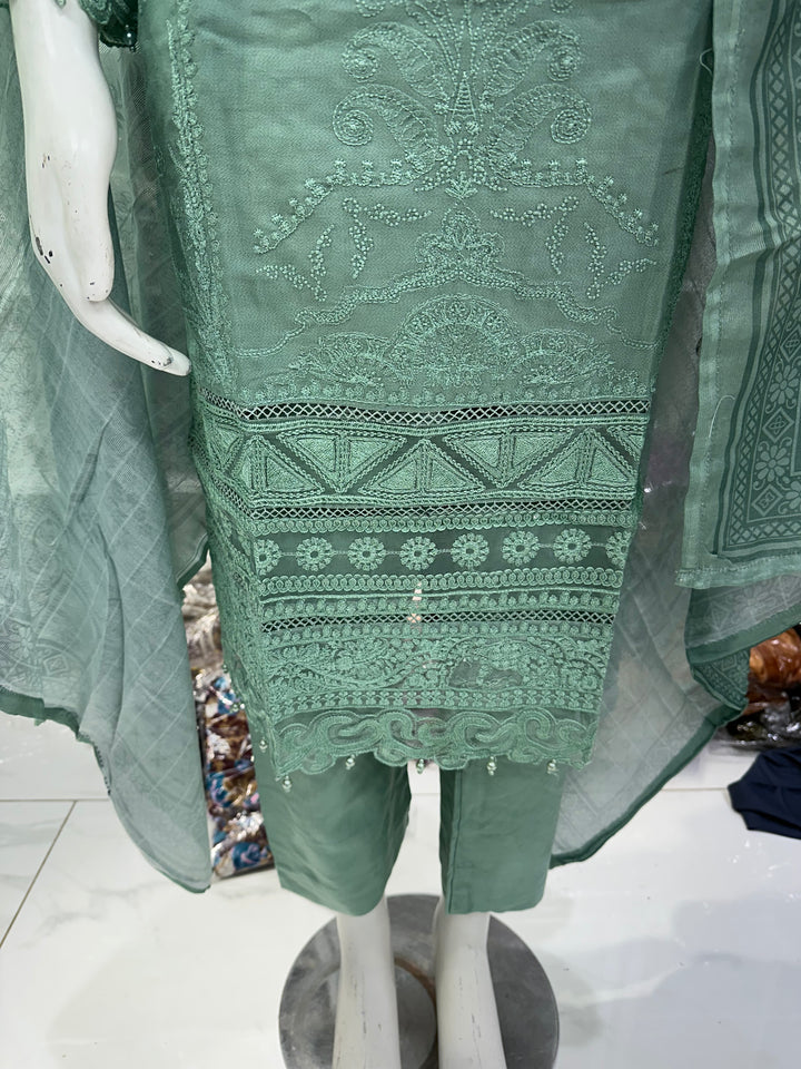 Three piece dhanak material suits on offer perfect for home wear and occasional wear