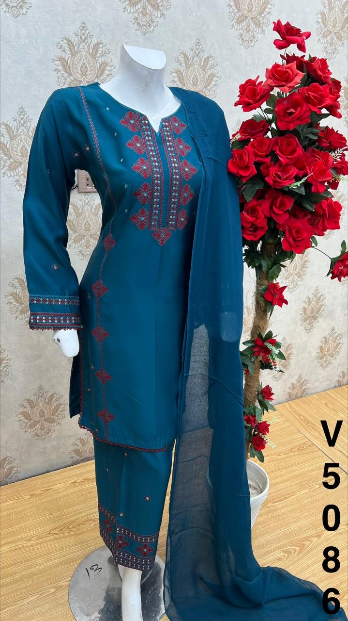 Three piece viscous material suit in short kameez with plazo pre orders only.