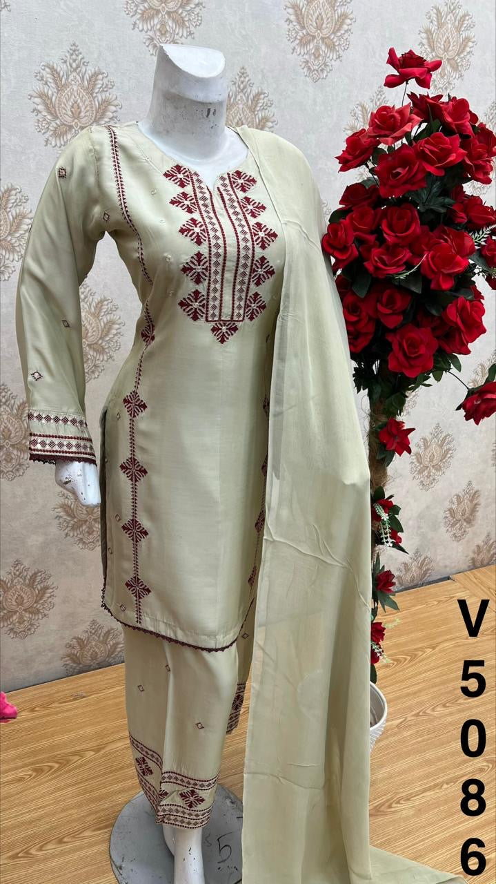 Three piece viscous material suit in short kameez with plazo pre orders only.