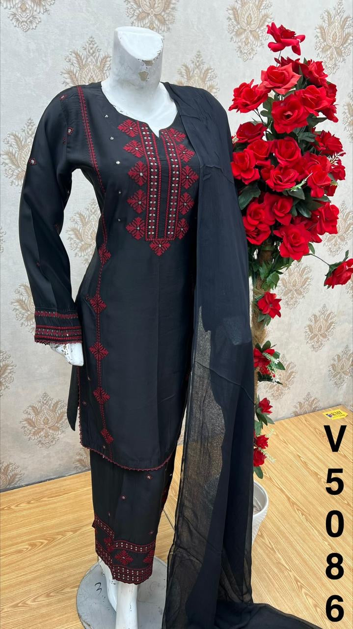 Three piece viscous material suit in short kameez with plazo pre orders only