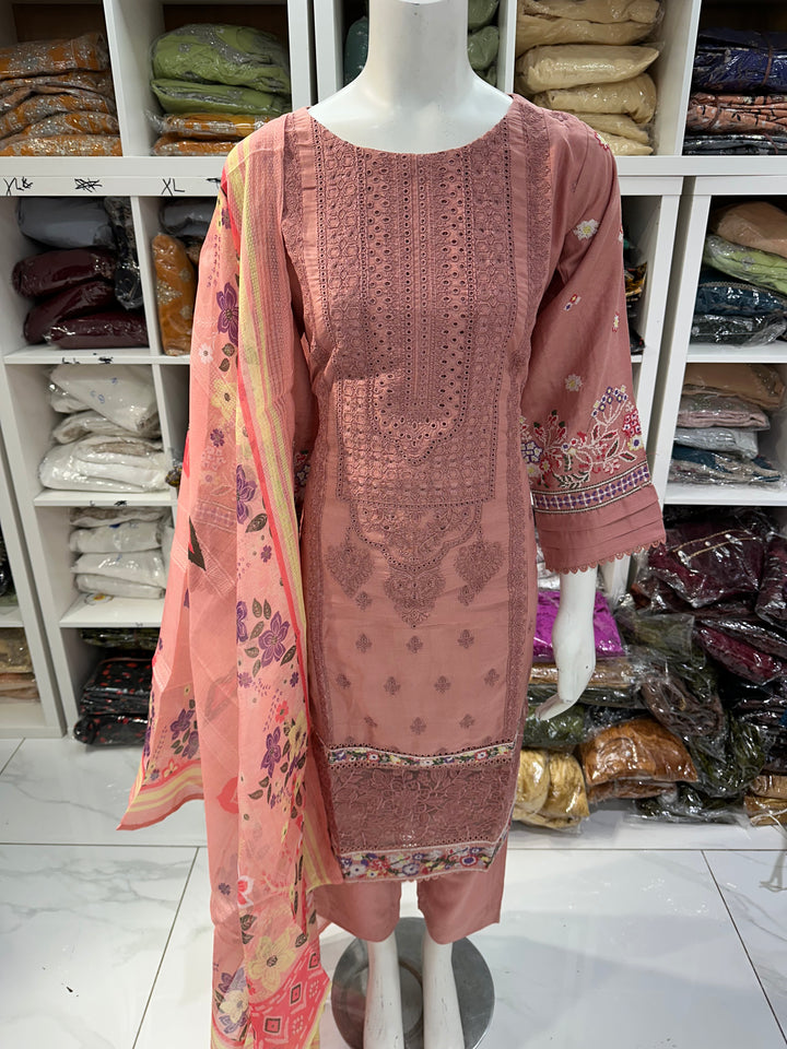 Three piece dhanak material suits on offer perfect for home wear and occasional wear