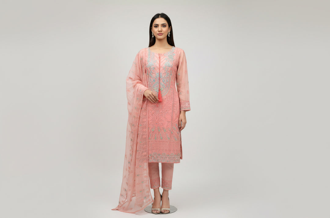 Three piece chiffon suits ready to wear with beautiful stone work