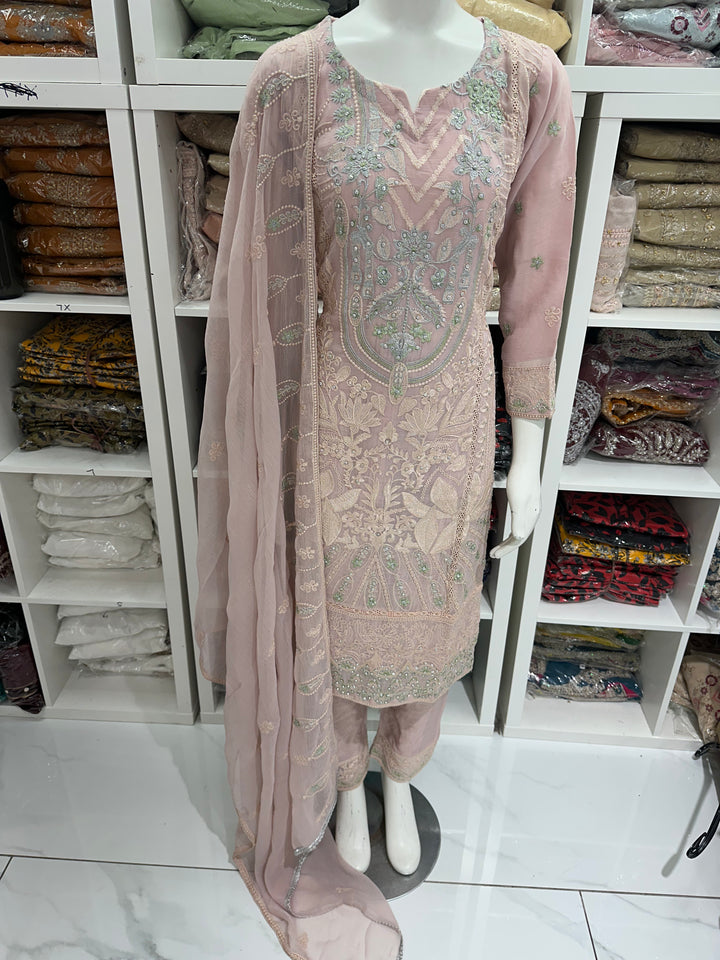 Three piece chiffon suits ready to wear with beautiful stone work