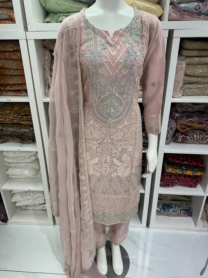 Three piece chiffon suits ready to wear with beautiful stone work
