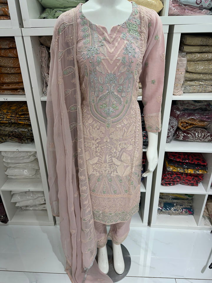 Three piece chiffon suits ready to wear with beautiful stone work