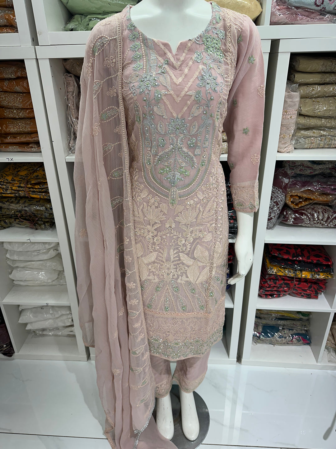 Three piece chiffon suits ready to wear with beautiful stone work
