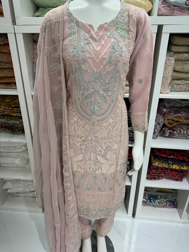 Three piece chiffon suits ready to wear with beautiful stone work