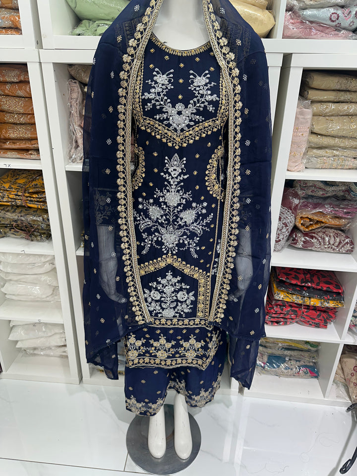 Three piece chiffon suits ready to wear with beautiful stone work