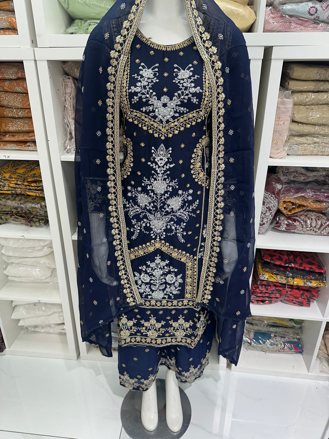 Three piece chiffon suits ready to wear with beautiful stone work