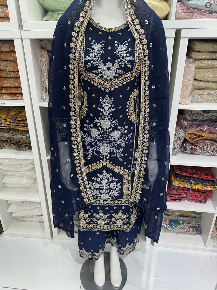 Three piece chiffon suits ready to wear with beautiful stone work