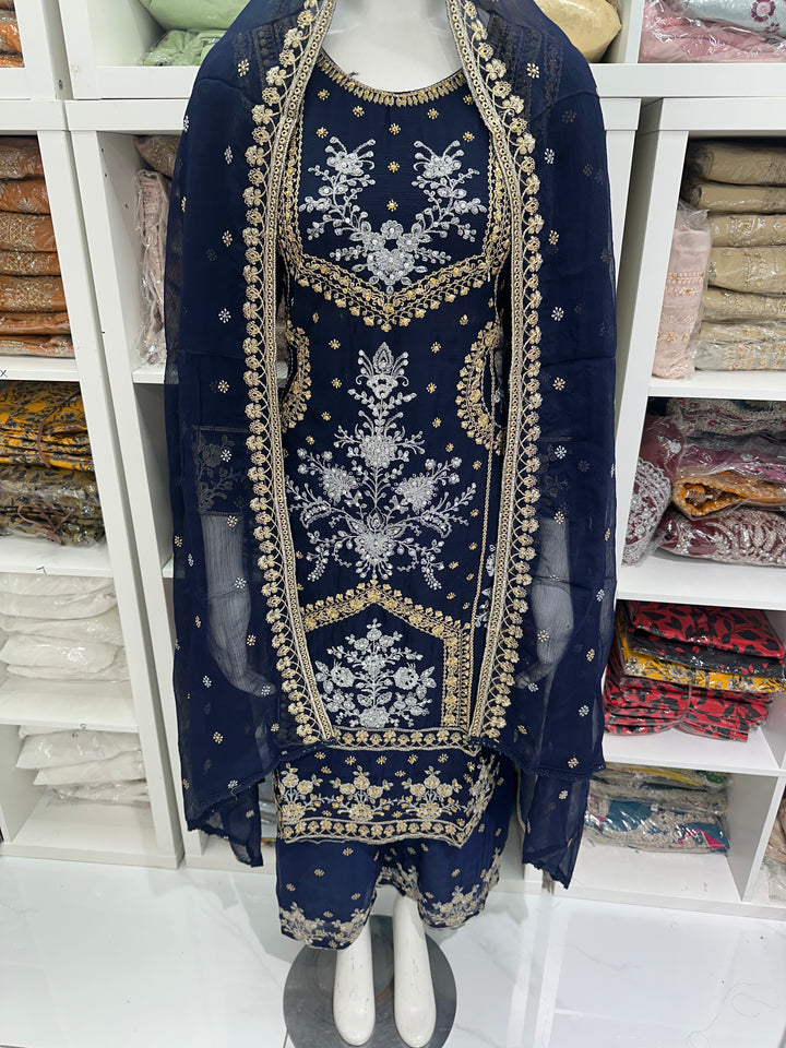 Three piece chiffon suits ready to wear with beautiful stone work