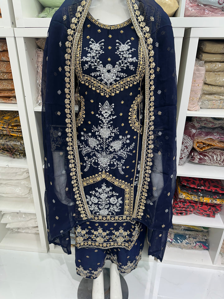 Three piece chiffon suits ready to wear with beautiful stone work