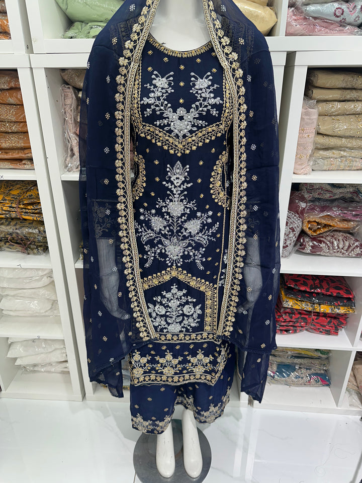 Three piece chiffon suits ready to wear with beautiful stone work