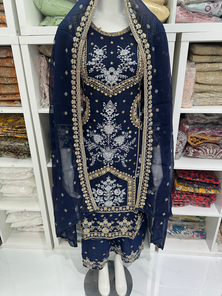 Three piece chiffon suits ready to wear with beautiful stone work