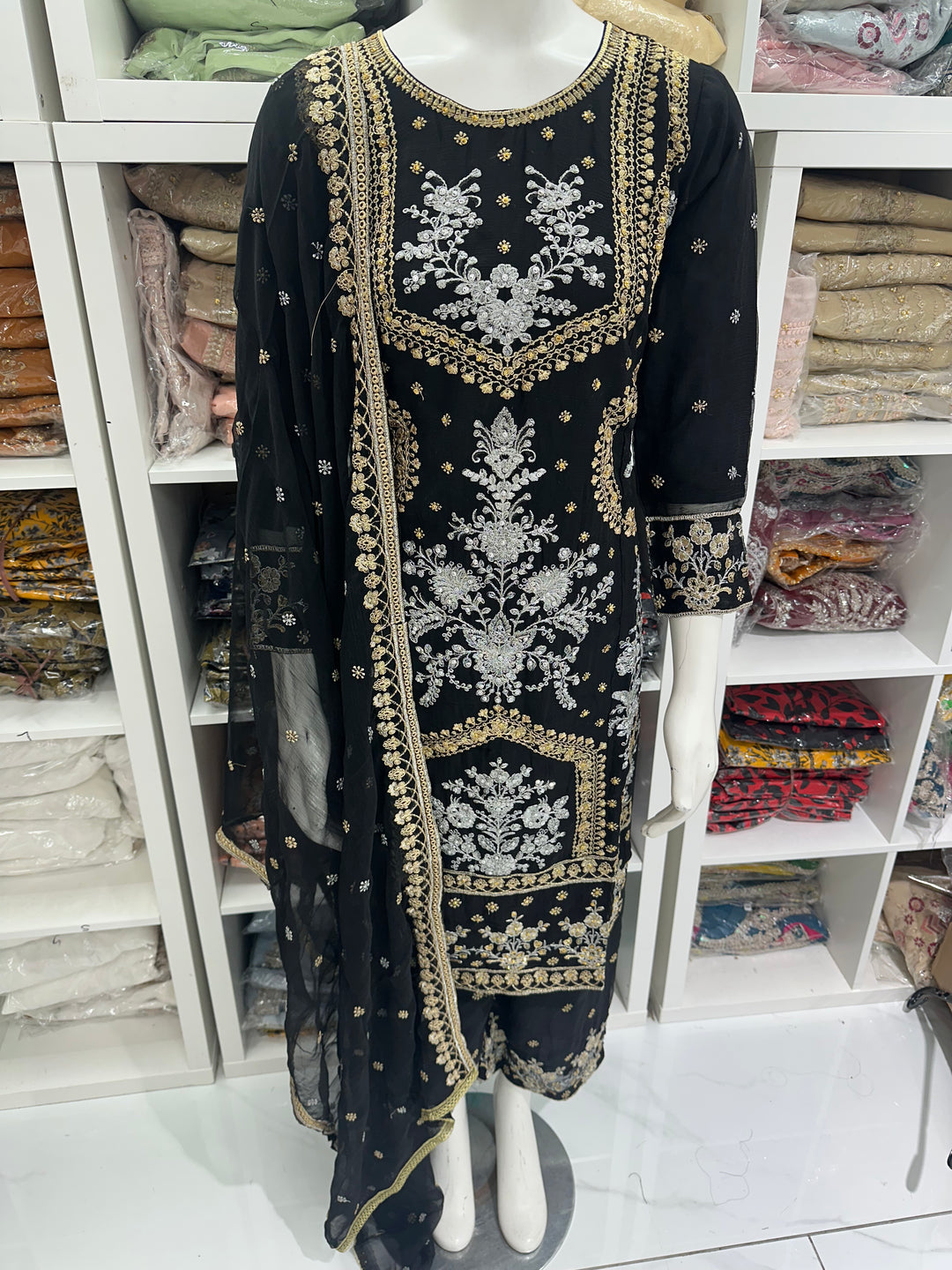 Three piece chiffon suits ready to wear with beautiful stone work
