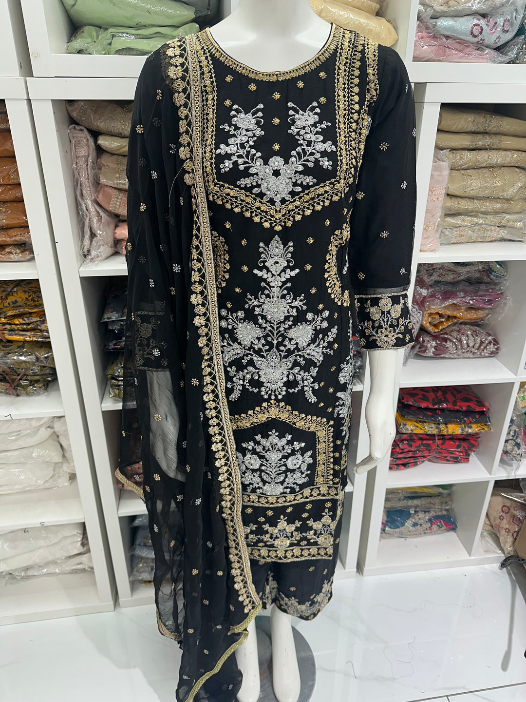 Three piece chiffon suits ready to wear with beautiful stone work