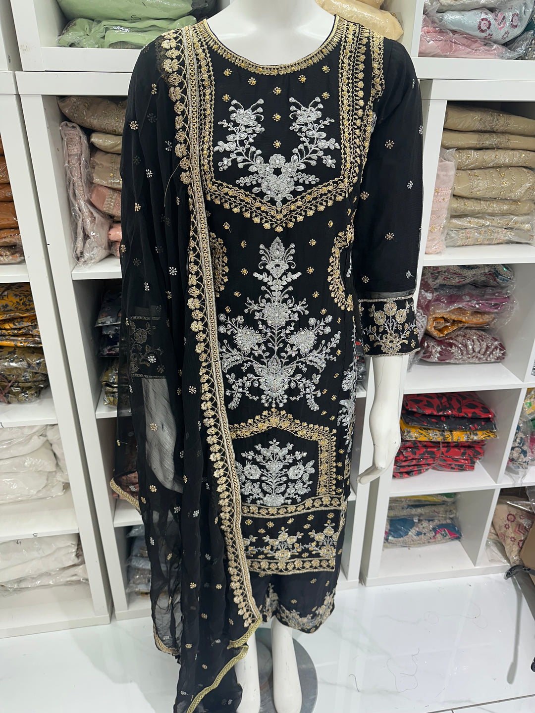 Three piece chiffon suits ready to wear with beautiful stone work